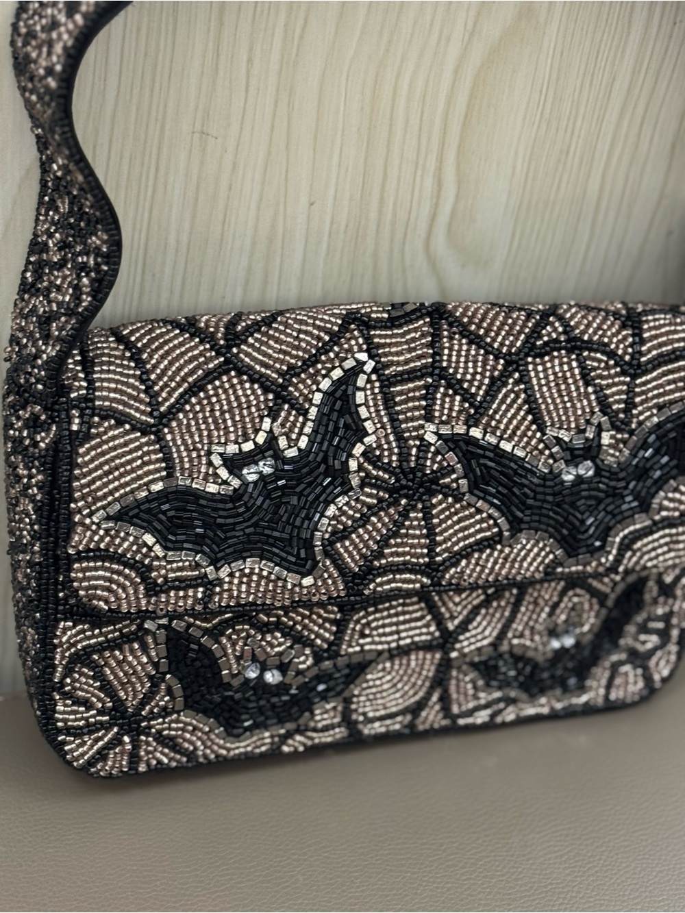 Beaded Black and Champagne Bat Motif Shoulder Bag - Picture 2 of 4
